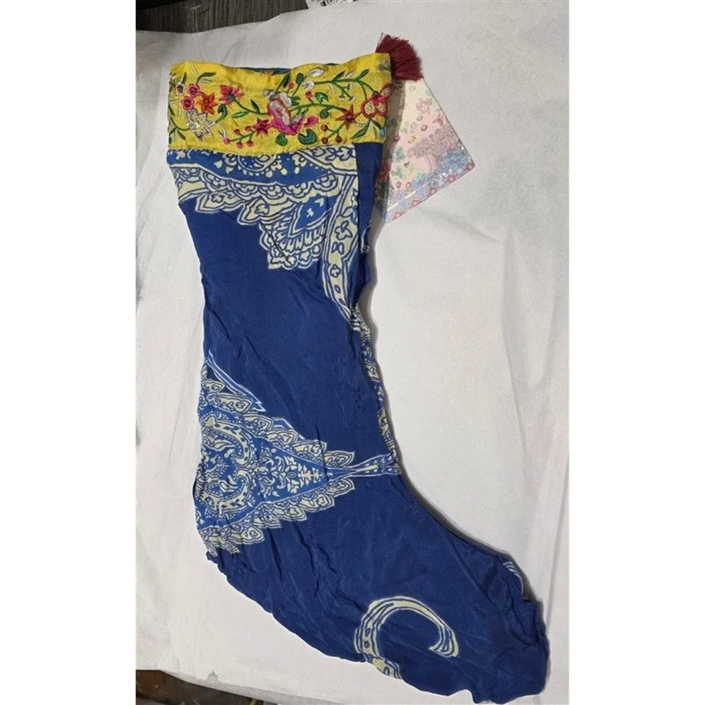 NWT Johnny Was Lux Christmas Reversible Stocking Embroidered Ribbon 129913